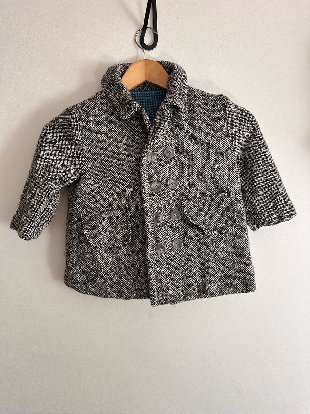 Kids Vintage Handsewn Grey Tweed Double-Breasted Coat